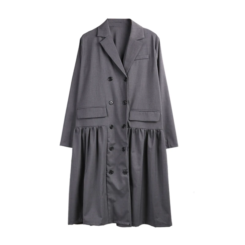 

PERHAPS U Gray Apricot Notch Collar Double-breasted A-line Empire Long Sleeve Mini Dress Office Lady D1997