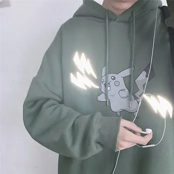 

Pokemon Pikachu Reflective print hoodies Autumn Winter Plus velvet Warm sweatshirt harajuku Men/women joker Pullovers Hoodies