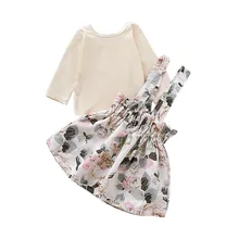 Осенняя одежда для маленьких девочек Однотонные топы с длинными рукавами+ юбки на подтяжках с цветочным принтом детская одежда для девочек