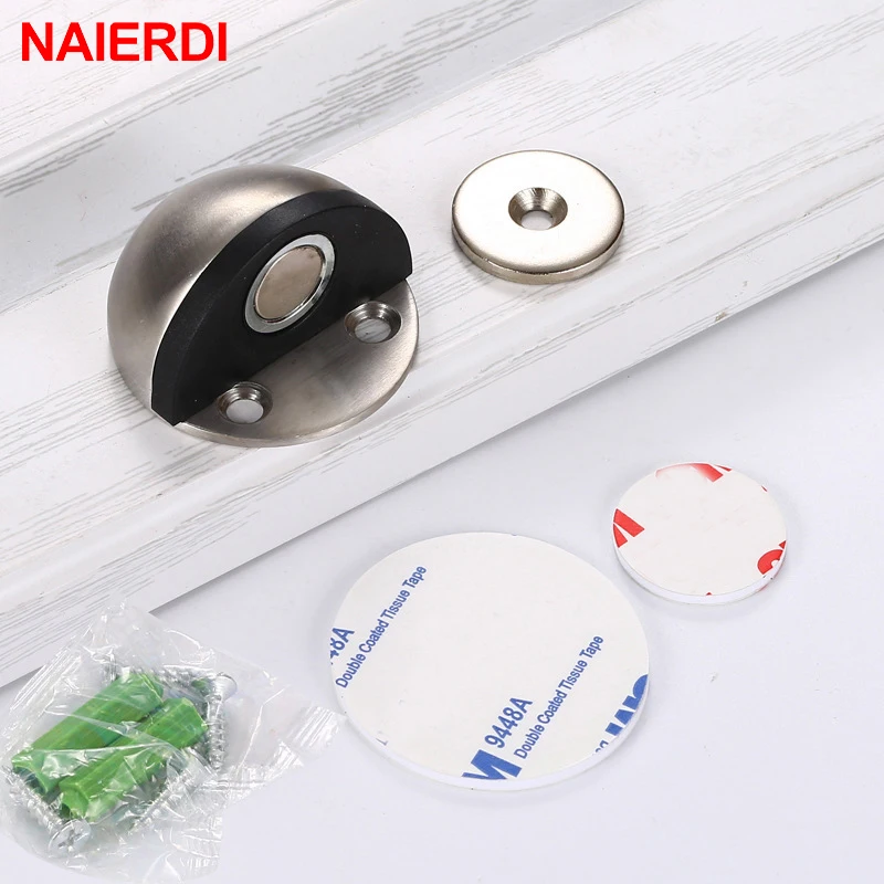 NAIERDI Stainless Steel Rubber Magnetic Door Stopper Non Punching Sticker Hidden Floor Mounted Nail-free magnetic door stop door stopper
