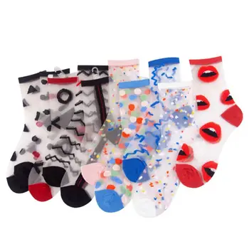 

Women Transparent Crew Socks Glass Fiber Colorful Polka Dot Stripes Tube Hosiery