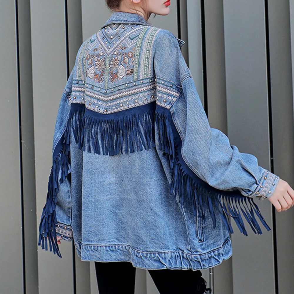 Женская джинсовая куртка Boho свободная Корейская бойфренда с вышивкой и