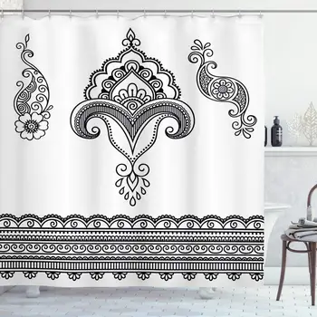 

Folk Shower Curtain, Black and White Eastern Motifs Monochrome Ornamental Floral Pattern Doodle Image, Cloth Fabric Bathroom
