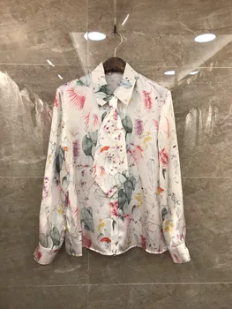 

2019 Autumn & Winter New Arrival Elegant Vintage Turn Down Collar Long Sleeve Ink Printed 100% Silk Shirt 3 Size