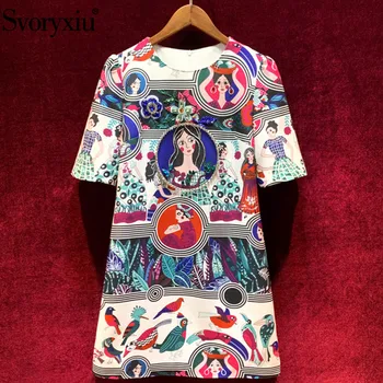 

Svoryxiu Designer Custom Summer Vintage Party Dresses Women's Fashion Half Sleeve Crystal Diamond Cartoon Character Print Dress