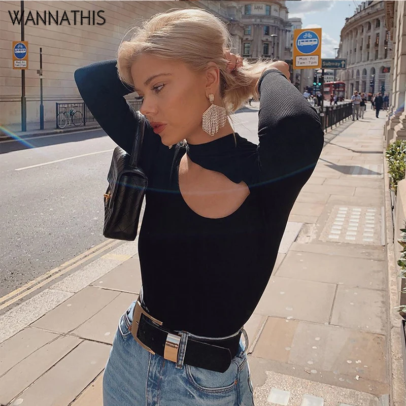 WannaThis, черный, с длинным рукавом, с дыдырками, сексуальный боди, для женщин, Осенние поступления, высокий воротник, выдалбливают, однотонный, эластичный, тонкий, бодикон, боди