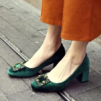 

US4-11 Womens Velvet Mary Janes High Block Chunky Heels Pumps Rhinestones Crystal Banquet Shoes Low Top Slip On 6Colors C567