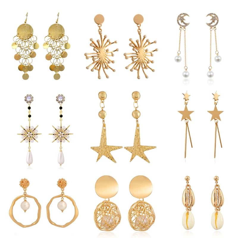 

Golden Suspension Long Tassels Round Pendientes Earrings For Women Girls Mosaic Moon Stars Shell Irregular Shape Female Earrigns