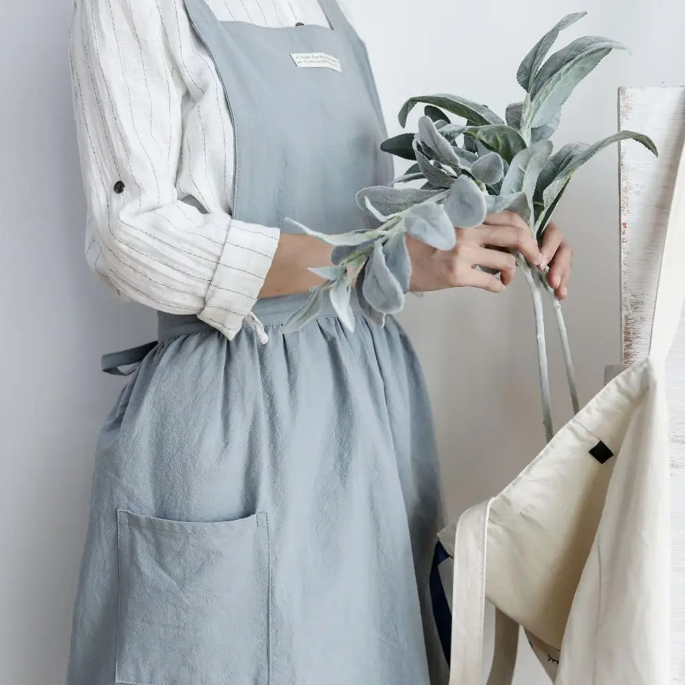 49 New Pleated skirt cotton linen apron Women Cooking Kitchen Work Uniform and flower shop apron for woman long dress smock