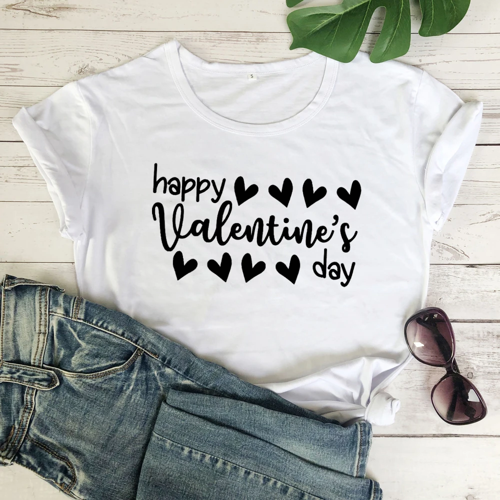 Happy Valentine's Day 100% хлопковая футболка Милая женская графическая с Днем Святого