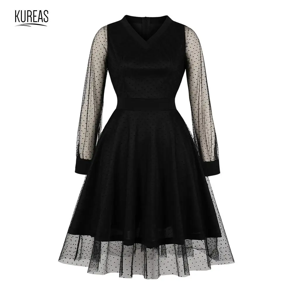 

Kureas Pleated Dress Elegant Winter Autumn Plus Size Women Fashion Ball Gown V Neck Mesh Patchwork Party