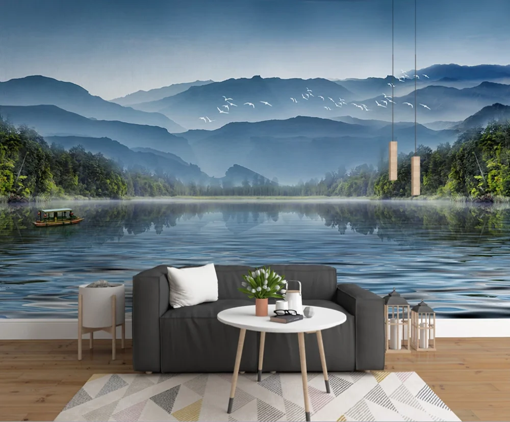 lCustom Mural Wallpaper 3D New Chinese Simple Artistic Conception Ink Landscape Bedroom Sofa Background Decorative Painting