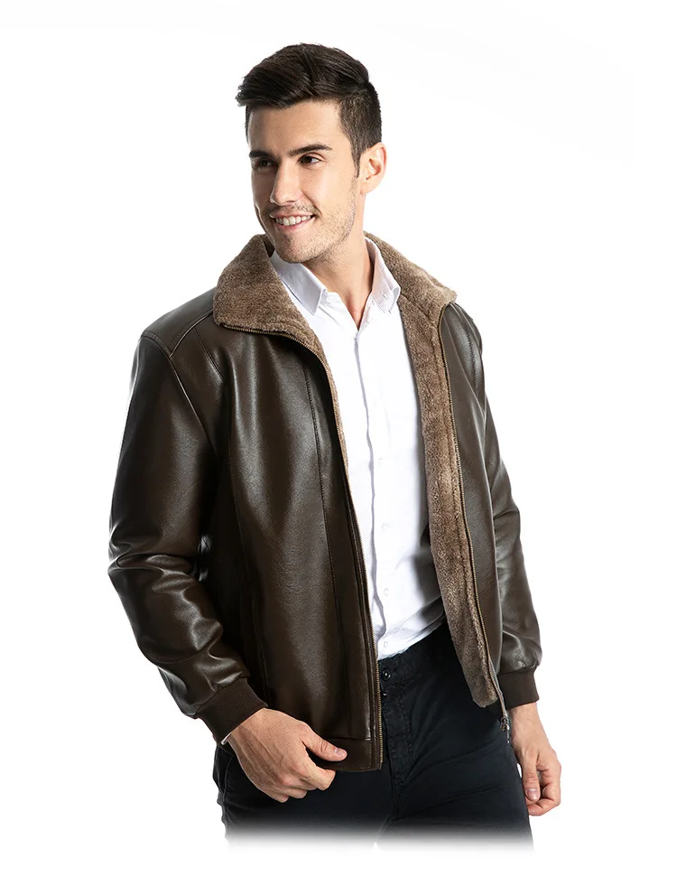 New Style Leather Jacket MEN'S Leather Coat Fur Pu Middle-aged Leather Coat Men's