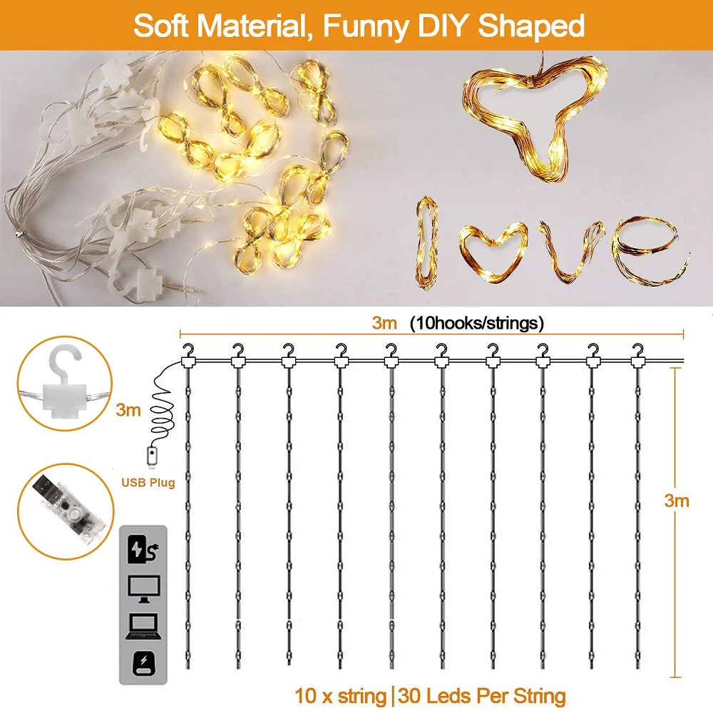 Christmas Window Curtain String Light 3x3m LED Fairy Light Outdoor Music Control/8 Lighting Mode Garland USB Wedding Party Decor