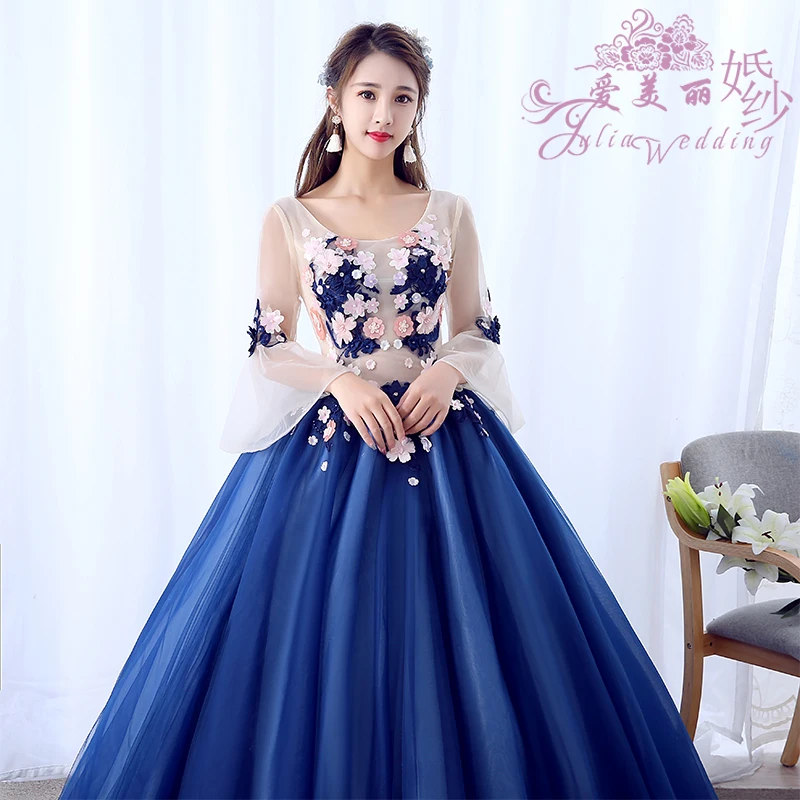 Vestidos De 15 Anos Azul Ball Gowns Sweet 16 Long Blue Flare Sleeve Appliques Girl Quinceanera Dresses For Quinceanera 15 Years