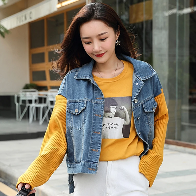

AIYANGA Patchwork Turn-down Collar Jean Jacket for Women Loose Casual Blue Fashionable Women Coats Female outwear Denim Feminine