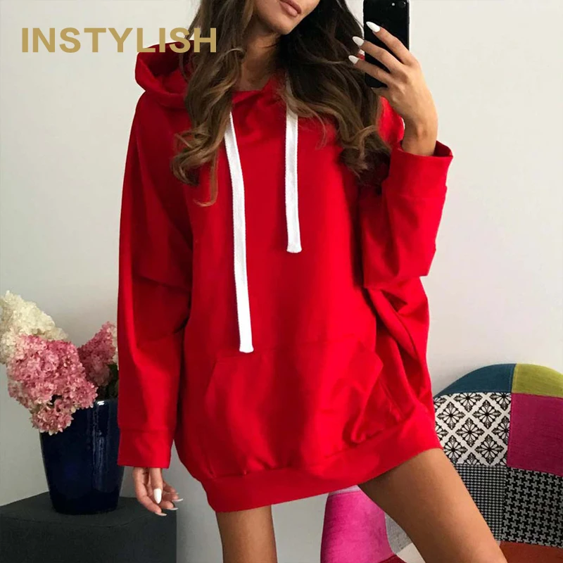 

Instylish Women Autumn Korean Solid Loose Hoodies Long Sleeve Sweatshirts Vintage Harajuku Hoodies Jogging Mid-Long Hoodies