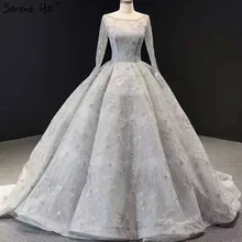 Серебристые сексуальные свадебные платья с длинными рукавами, дизайн, ручная работа, цветы, бисер, свадебные платья, настоящая фотография, HM66954, на заказ