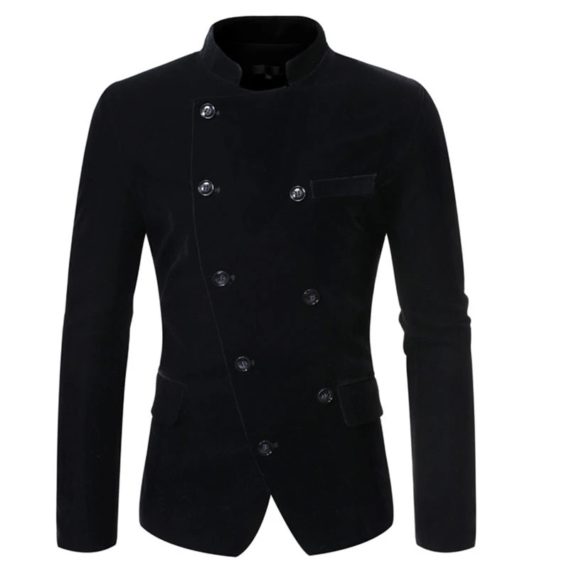 Double Breasted Mens Blazers Long Sleeve Oblique Placket Designer Mens Apparel Business Male Clothing - Color: Black