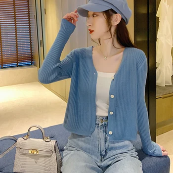 

Single Breasted Cardigans V Neck Short Sweater Street Style Long Sleeve Jumpers Casual Knitwear Summer Fall Hot