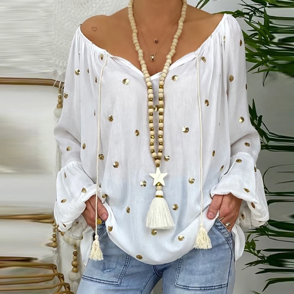 

2020 Fashion Autumn Women Blouses Lantern Sleeve Shirts Casual Hollow Out Loose V-Neck Polka Dot Black White Tops Streetwear
