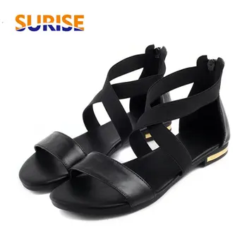 

Big Size Genuine Leather Women Sandals Low Square Heels Casual Office Ladies Black Elastic Cross Strap Zipper Summer Beach Shoes