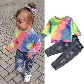 

1-5Y Fashion Girls Clothing Sets Autumn Children Girls Tie Dye Print Sweatshirts Hoodies Pullover Tops+Ripped Hole Denim Pants