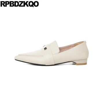 

pumps metal rivet genuine leather pointed toe low heels brand women shoes 2019 chunky stud size 4 34 italian beige thick slip on