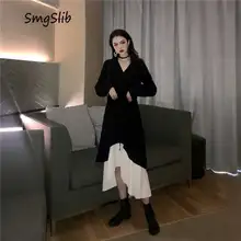 Новинка, осенне-зимнее черное свободное платье с отворотом и длинным рукавом, с неровным подолом, плиссированное Бандажное платье из двух частей, женская мода, рождественские подарки