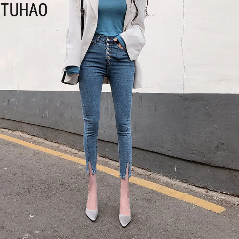 TUHAO/осенние винтажные однобортные женские джинсы, Стрейчевые Капри с высокой талией, уличная одежда, женские джинсы с разрезом на манжетах, брюки T7377