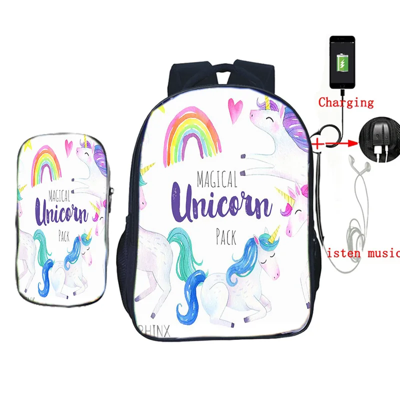 2 шт./компл. Kawaii Единорог школьная сумка USB зарядка мочилы для подростков мальчиков девочек ежедневный рюкзак дорожные сумки