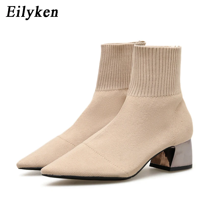 EilyKen/Коллекция года; сезон осень-зима; вязаные носки из эластичной ткани; женские ботинки; короткие ботинки на низком каблуке; цвет серый; женские ботильоны с острым носком