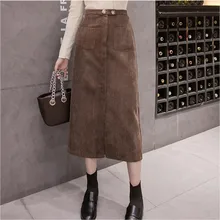 Осень зима вельвет сплит юбки элегантный корейский стиль Мода карман Высокая талия длинная юбка Femme