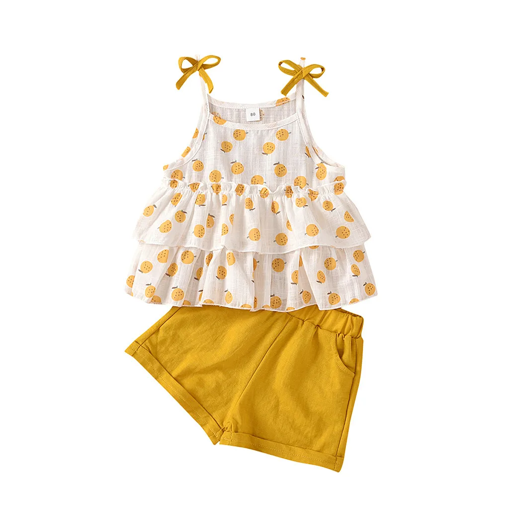

(6M-3Y) Children Sleeveless Sling Fruit Print Ruffle Top + Solid Color Shorts Set With Bowknot Ruffle baby girl clothes S4