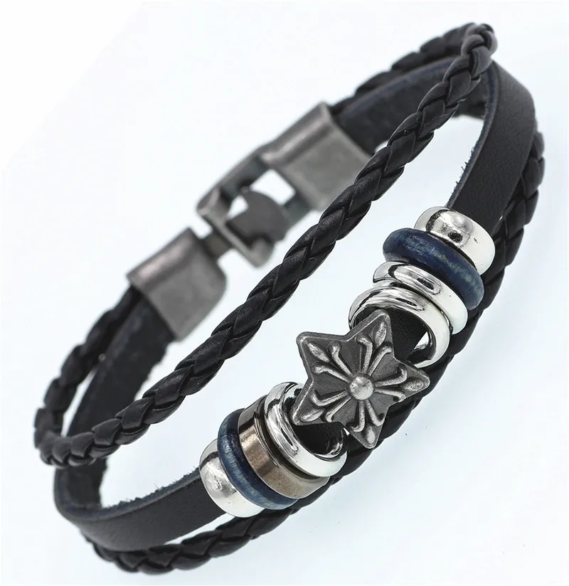 2021 Multilayer Bracelet Men Casual Fashion Braided Leather Bracelets For Women Wood Bead Bracelet Punk Rock Men Jewelry. 