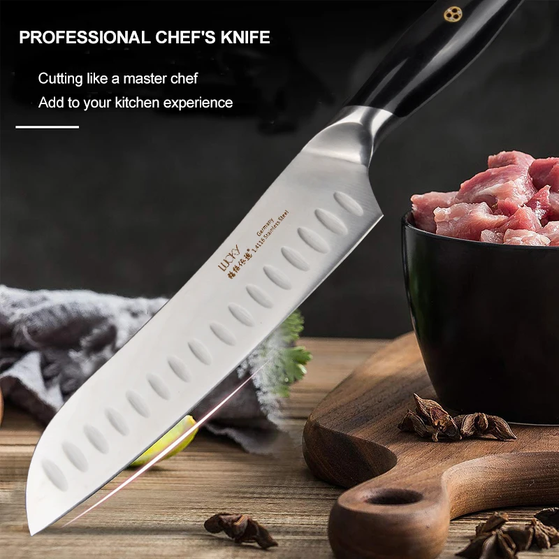 Нож шеф-повара Santoku, кухонный, Германия, 1,4116, нержавеющая сталь, Gyuto, Кливер для нарезки, измельчения рыбы, филе, кухонные ножи 33