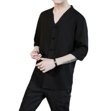 Мужская рубашка с длинным рукавом, одноцветная льняная рубашка, мужское кимоно, топ, китайский ветер, на пуговицах, кардиган, M-5XL, Повседневная Уличная одежда