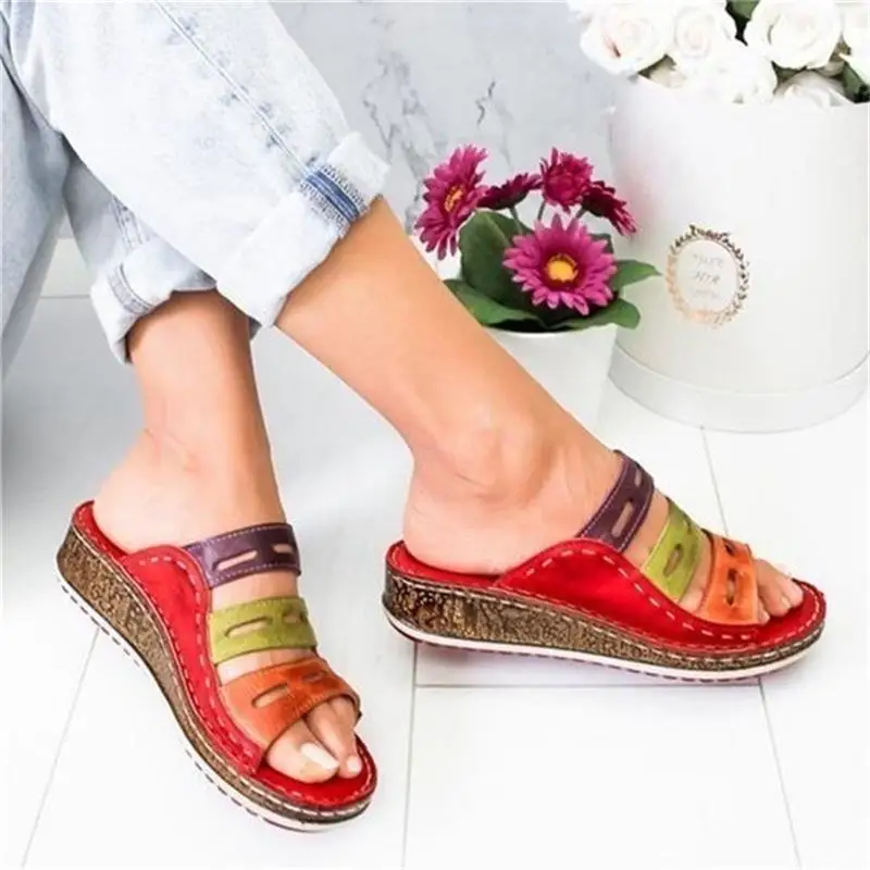 

Wedge Heel Slipper 2019 Summer Women Lady Retro Stitching ColorCasual Low Beach Open Peep Toe Sandals 3 colors Shoes Slides