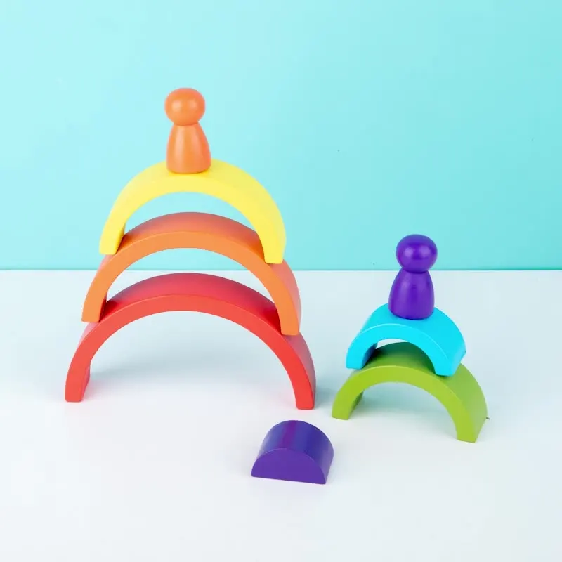 Wooden Building Blocks Montessori Arch Bridge Semicircle Rainbow Villain Set for Baby Education