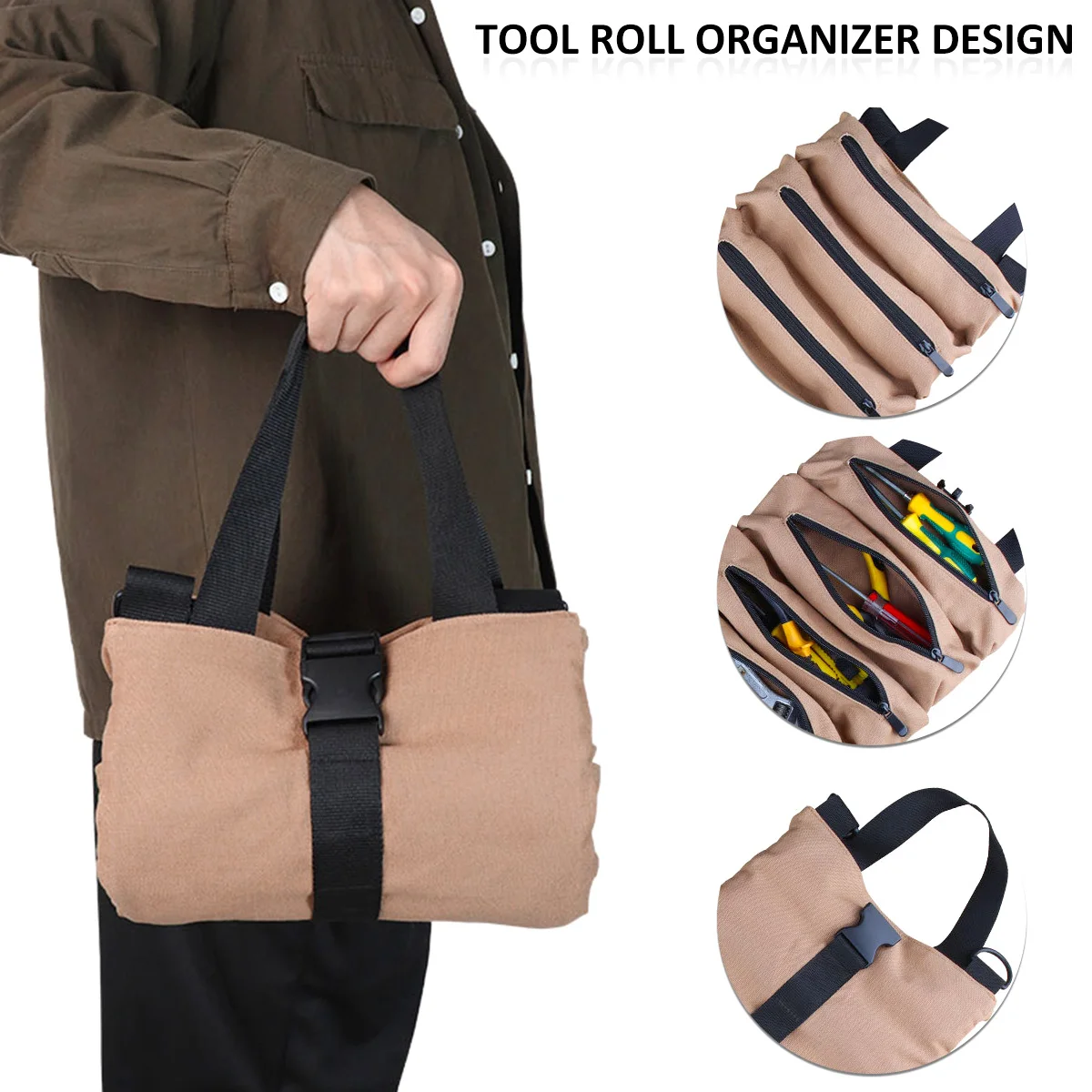 Canvas Tool Roll Up Bag Tool Pouch With 6 Zipper Pockets Large Capacity Tools Wrap Roll Storage Case Hand-held Tool Carrier Tote beehive tool bags
