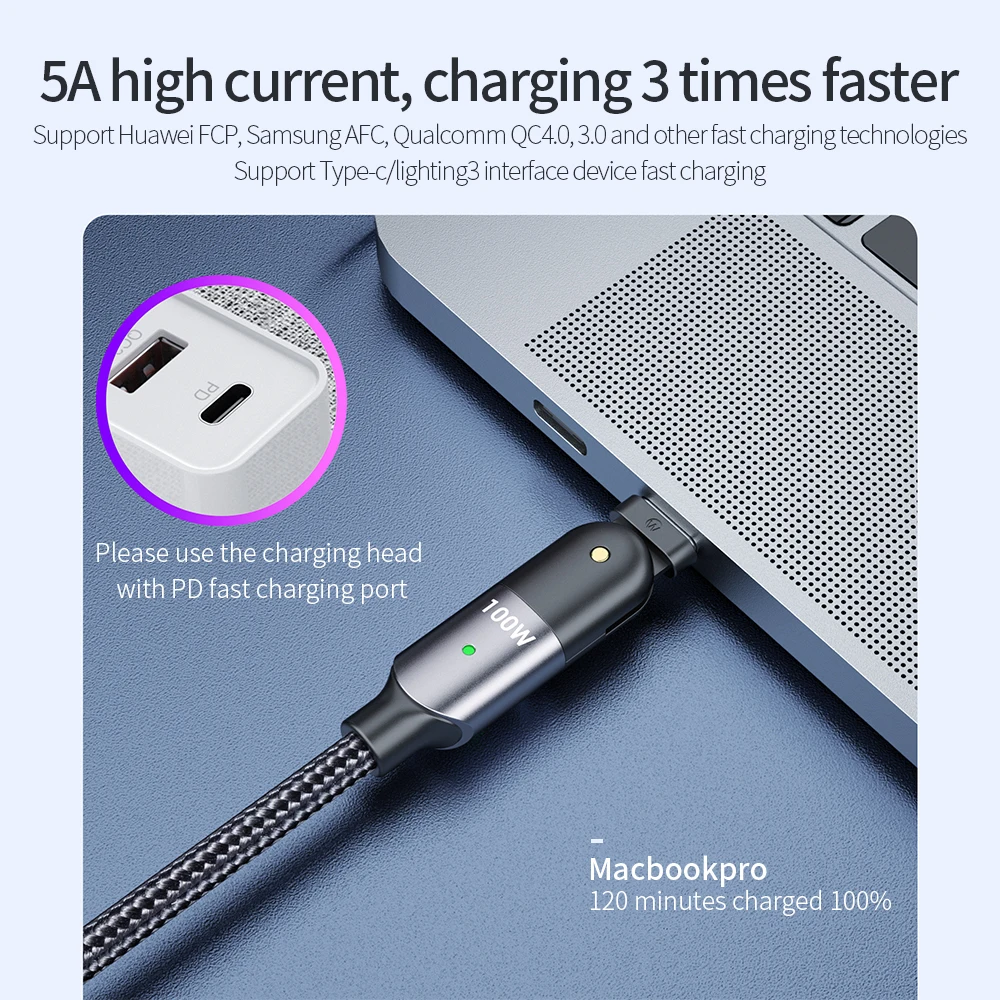 5A USB Type-C na Type-C PD kabel za brzo punjenje 60W/100W rotirajući koljeni 180 stupnjeva Type-C podatkovni kabel za Samsung Huawei Xiaomi_voghion.com