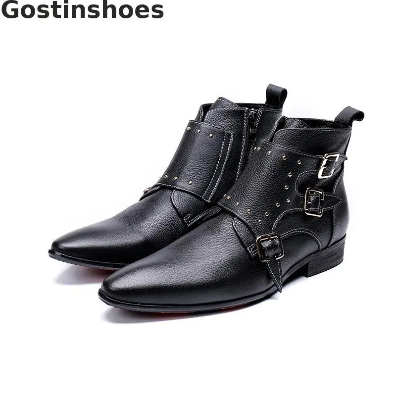 

Men Boots Black Genuine Leather Buckle Straps Short Boots Pointed Toe Zip Men Work Boots Daily Wear Autumn Winter Ankle Boots