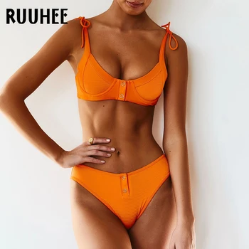 

RUUHEE Sexy Triangle Bikini Swimwear Swimsuit Solid Low Waist Bikini Set Strap Push up Women 2019 Bathing Suit Beachwear Biquini