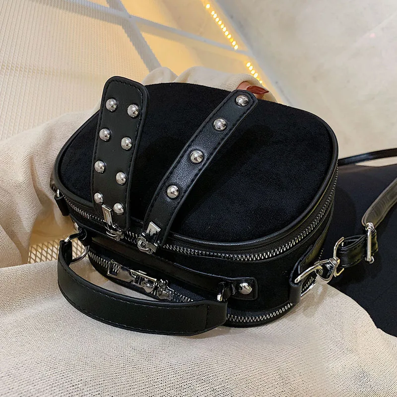 Flap Over Silver Studded Black Leather Crossbody Sling Bag