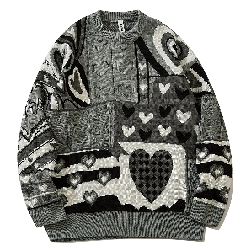 Men Hip Hop Knitted Jumper Sweaters Patchwork Heart Print Streetwear Harajuku 2021 Winter Fashion Casual Pullovers Clothing | Мужская