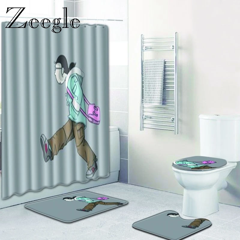 Zeegle Bathroom Mat Set Waterproof Shower Curtain Anti Slip Bathroom Carpets Absorbent Toilet Pedestal Rug Flannel Soft Foot Mat