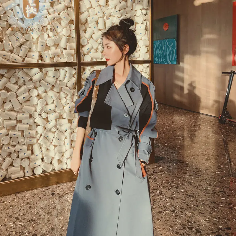 Las mujeres abrigo de moda de otoño invierno de algodón casual con color de costura Retro abrigos doble superior breasted prendas de vestir de kpop