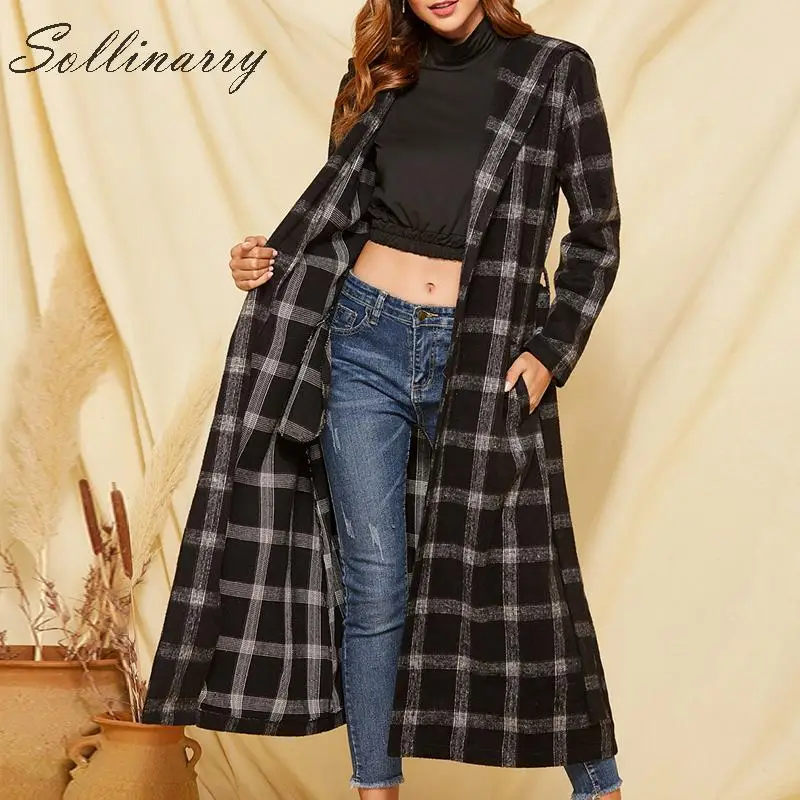 Sollinarry черные клетчатые шикарные зимние пальто куртки женские Hoddies высокая Талия Длинные Jacktes элегантные женские офисные сексуальные пиджаки платье