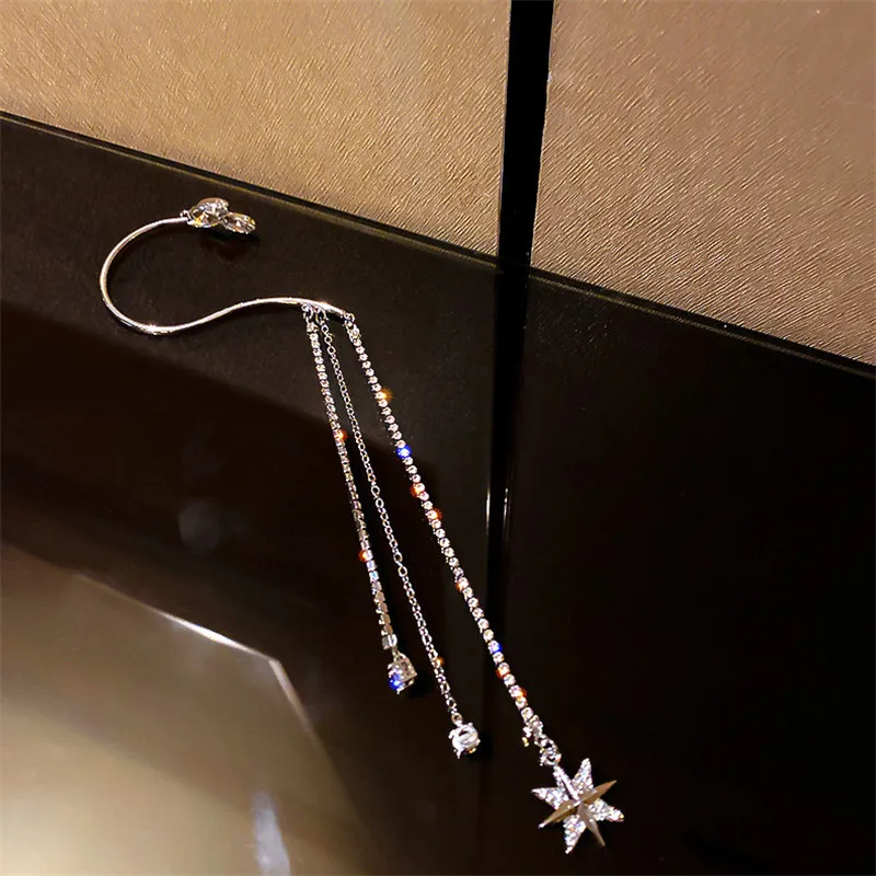FYUAN Fashion Long Tassel Rhinestone Crystal Earrings Star Pendant Ear Clip Earrings for Women Wedding Party Jewelry - Image 3