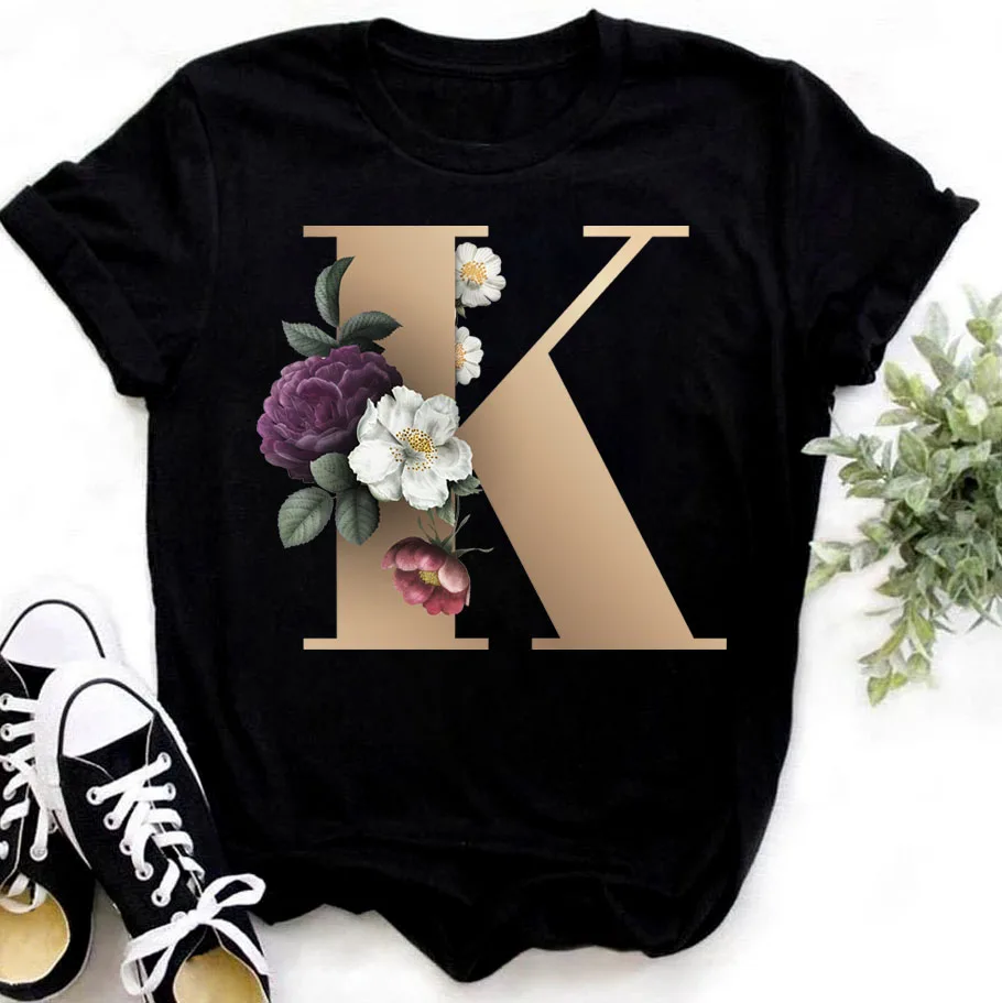 H932c6c5e8f2945f7960b4683c2432c56a - Flower Letter Combination T-shirt